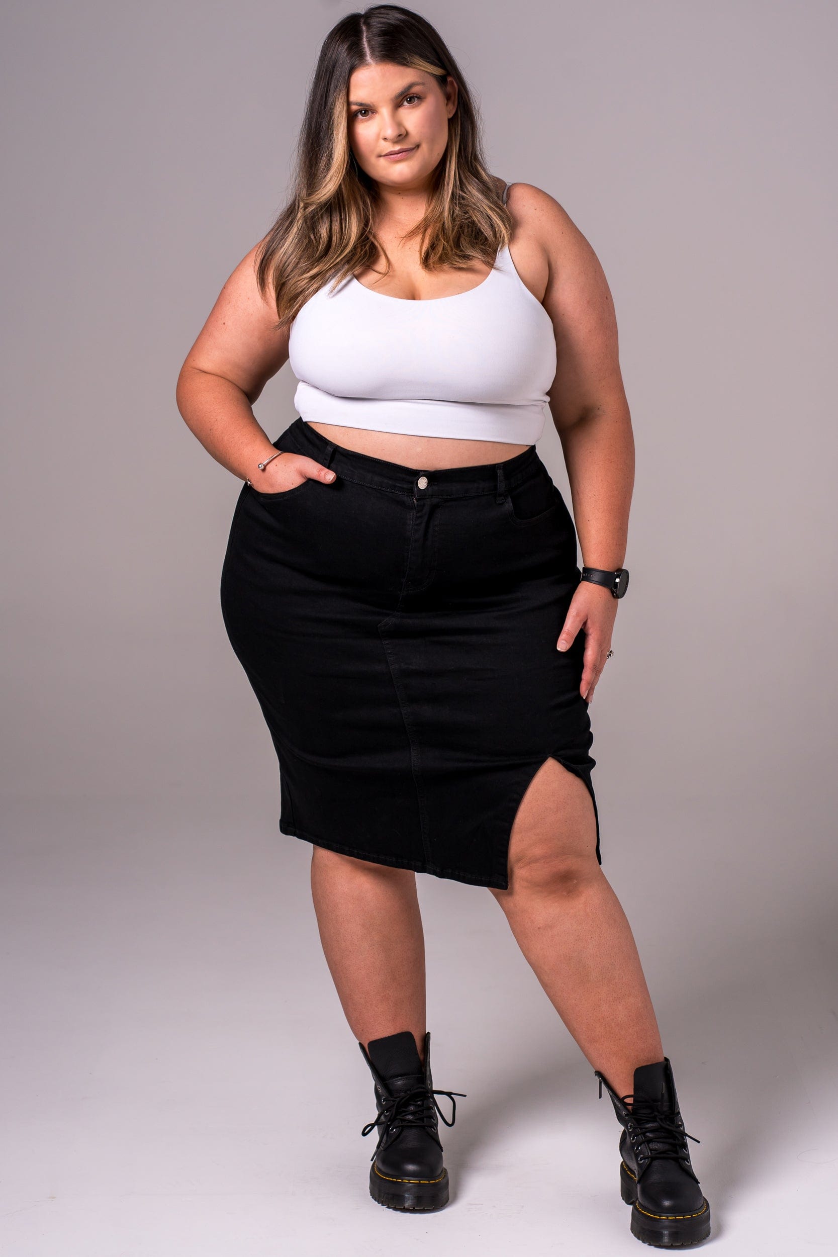 Black Denim Knee Skirt Designer Fit Zasha