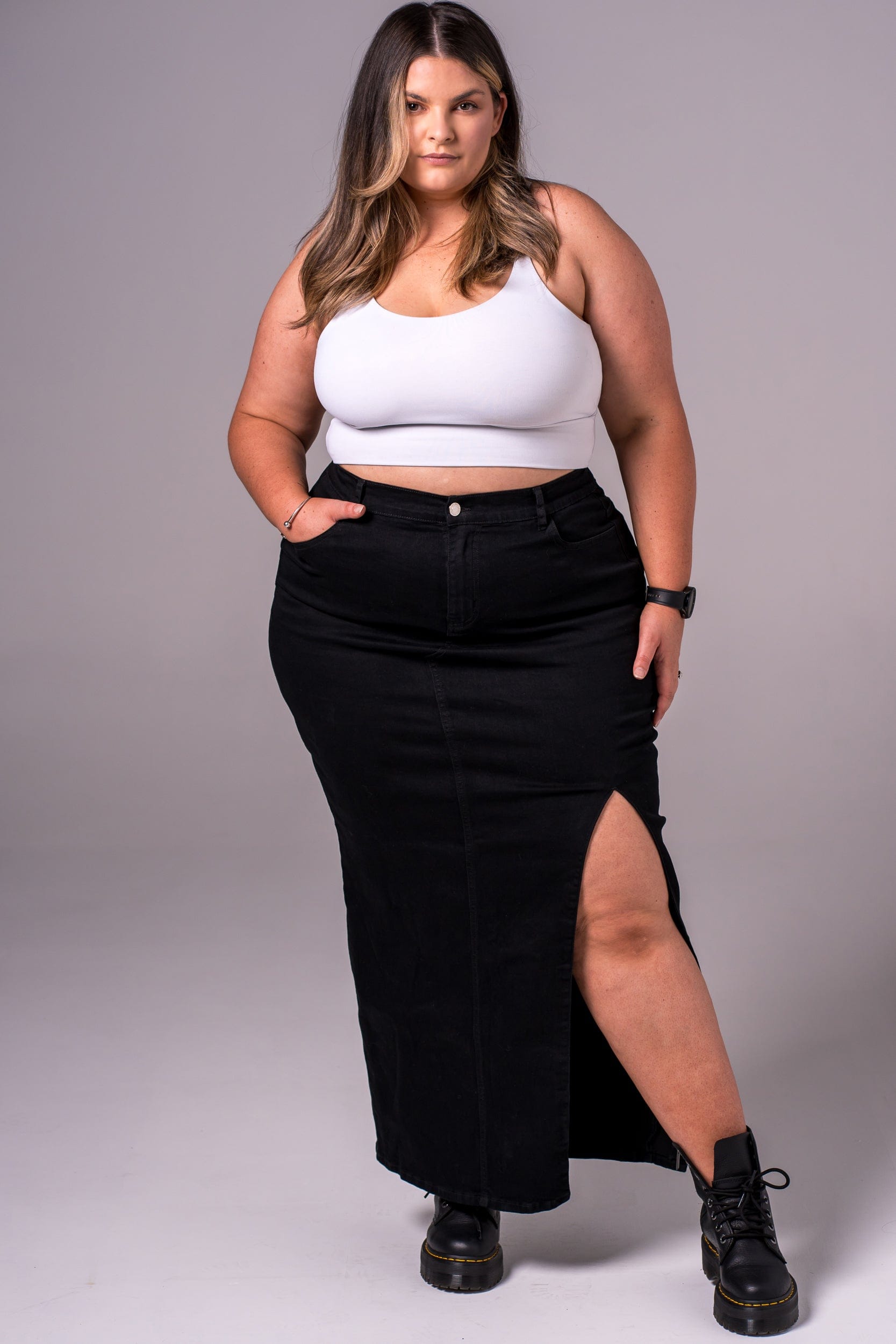 Black Denim Maxi Skirt Designer Fit Zasha - Main Image